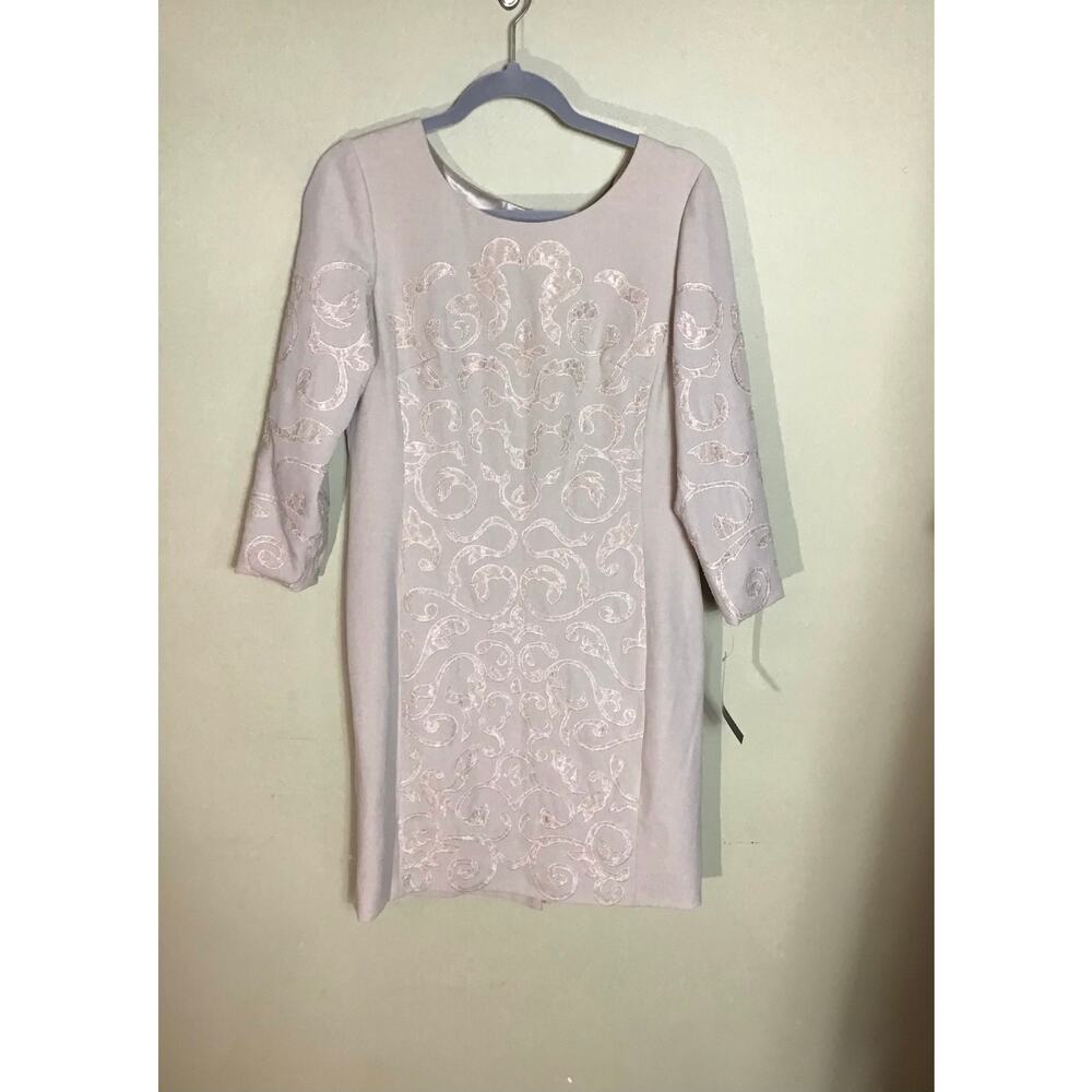 Tahari Women Cream Formal shift dress white scrolling pattern embroidery Sz. 8 - Picture 5 of 12